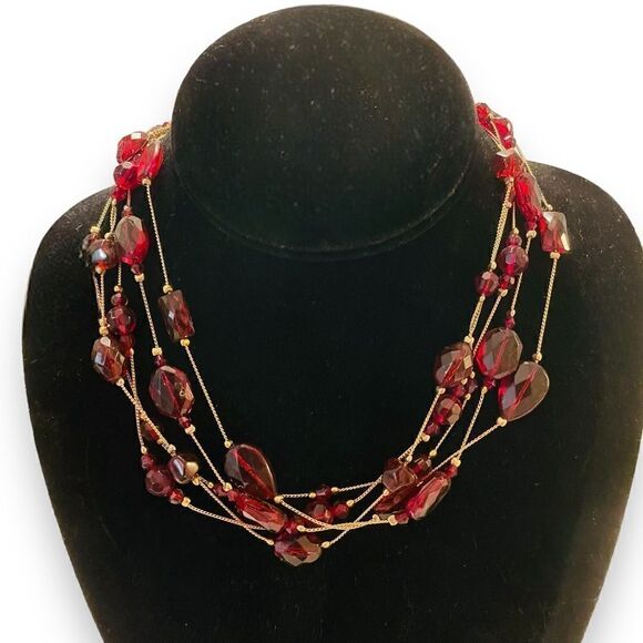 Gold Multi-Strand Red Beaded Choker Necklace - Picture 1 of 4